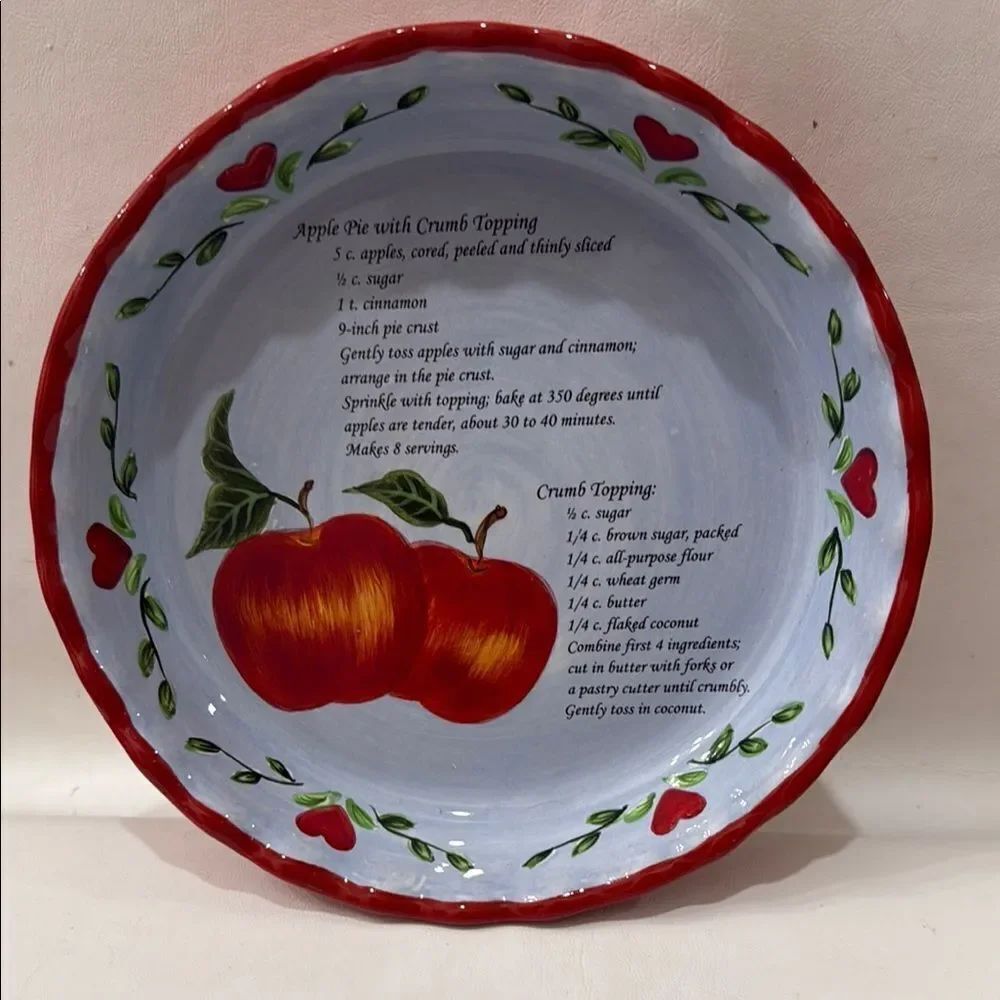 Pie Dish Red Blue Ceramic Baking Serving Cookware Recipe 9 3/4 X 1 3/4 In Tall